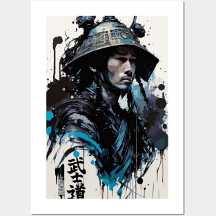 Samurai in Casual Costume with Bushido Calligraphy in Ink Painting Style Posters and Art